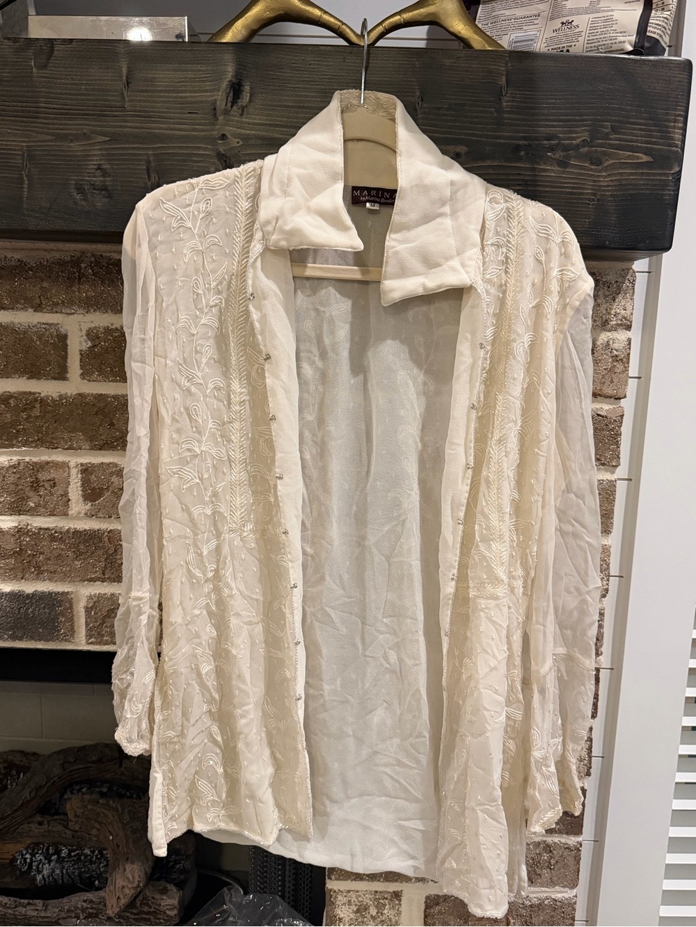 MARINA Cream Sheer Beaded Blouse Embroidered Women’s size M